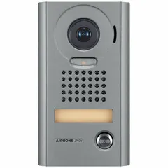The AIPHONE JP-DV is a video intercom door station from the JP Series, designed for indoor use. It operates on 24V DC and features a surface mount configuration with an MKW-P Plate. This station enables two-way audio and video communication at building entry points, suitable for apartment buildings, offices, and similar facilities.