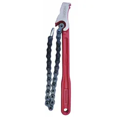 Single end chain wrench designed for gripping and turning pipes, fittings, and round objects with an outside diameter of 4 inches. Features a 16-inch chain length and 12-inch handle, constructed from alloy steel with a natural finish. Suitable for plumbing, maintenance, and industrial applications requiring a secure hold on smooth or irregular surfaces.