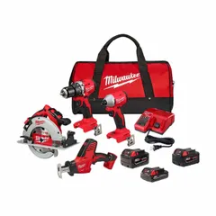 This kit includes four 18V cordless tools: a circular saw, hammer drill, impact driver, and reciprocating saw. Designed for cutting, drilling, fastening, and demolition tasks on construction and maintenance sites. All tools operate on the M18 platform for battery interchangeability.