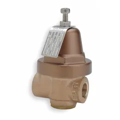 This brass pressure regulator reduces and stabilizes inlet pressure to a set outlet range of 10 to 50 psig. It features 1/4 inch FNPTF x FNPTF connections and is rated for maximum operating temperature of 180°F. Suitable for water, air, and light industrial fluid systems requiring precise pressure control.