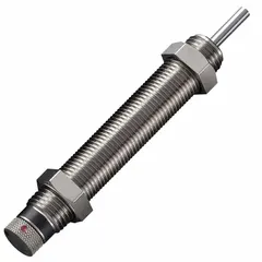 Steel industrial shock absorber with 8.9 N force rating. Used to decelerate moving loads and absorb kinetic energy in automation, packaging, and material handling systems where controlled stopping is required.