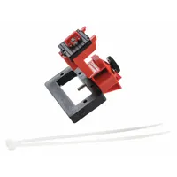 This clamp-on lockout is designed for 480/600V AC oversized circuit breakers. It includes a cable tie slot for use with standard nylon cable ties to secure the lockout during maintenance. Suitable for lockout/tagout procedures in industrial environments