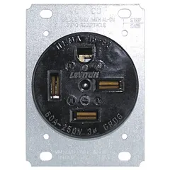 General-purpose receptacle rated 60 A at 250 V AC, 3-pole/4-wire configuration. Black housing. Suitable for high-power equipment connections in industrial and commercial environments.