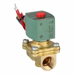 This REDHAT solenoid valve is a 2-way, 2-position normally closed valve with a 3/4 in pipe size and 24V AC operation. It features a watertight coil enclosure suitable for damp or washdown environments and is designed for high-flow applications in industrial piping systems controlling liquids or gases.