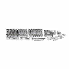 This 76-piece SAE socket set includes 1/4 in drive tools and 12-point standard sockets ranging from 3/16 in to 1 in (4 mm to 19 mm). Designed for tightening and loosening fasteners in automotive repair, machinery maintenance, and general industrial assembly. The set does not include socket bits and is not a thin-wall design.
