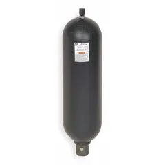 Bladder-type accumulator with a total volume of 1167 cu in and maximum pressure rating of 3000 psi. Designed for hydraulic systems requiring energy storage, shock absorption, or pulsation dampening. Suitable for water and water-glycol fluids within 32 to 200°F.