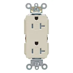 This LEVITON decorator duplex receptacle is rated 125V AC and 20A with a NEMA 5-20 configuration for 2-pole/3-wire grounding. The ivory finish suits standard wall box installations. It is used for general-purpose outlets in commercial and residential settings where higher current loads are required.