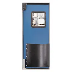 Single-leaf insulated swinging door with a blue textured polyethylene surface and a polycarbonate window. Includes door seals, bumpers, and mounting hardware. Meets USDA standards. Suitable for applications requiring temperature control and hygiene, such as cold storage and food processing areas.