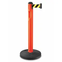 This pattern retractable belt post barrier features a 12 ft black/yellow belt with diagonal stripe and no legend. The post is orange plastic with a rubber base. Used for crowd control and area delineation in commercial and public spaces.