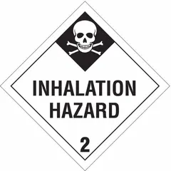 This placard is used to mark containers holding hazardous gases that pose an inhalation hazard. It measures 10 3/4 in x 10 3/4 in with a label height of 10 3/4 in. The placard displays an 'Inhalation Hazard' message and is designed for compliance with DOT labeling requirements for Class 2: Gases.