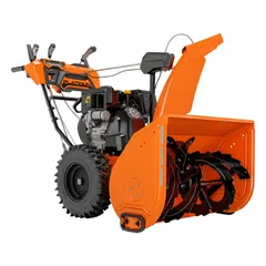 This ARIENS gas-powered walk-behind snow blower is equipped with a 4-cycle Ariens engine and variable speed settings for adjustable ground speed. It features a 200° chute turning radius for directional snow discharge, suitable for clearing driveways, sidewalks, and parking lots.
