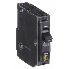 Single-pole, plug-in miniature circuit breaker rated 20 A at 120V AC, with a maximum interrupting rating of 10kA at 120/240V AC. Designed for overcurrent protection in branch circuits within QO Load Centers and NQ Panelboards. Suitable for commercial and industrial electrical distribution systems.