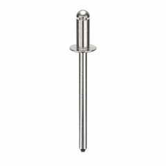 Open-end blind rivet with domed head, 0.153" diameter, 1.631" overall length, and 11/32" body length. Supplied in a 500-piece pack. Used for fastening materials where only one side is accessible, typical in sheet-metal assembly and general fabrication.
