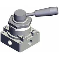 Lever-actuated manual air control valve with panel-mounted, side-ported body. Two-position operation. Ports: 1/4 in NPT. Used to start, stop, or redirect compressed air flow in pneumatic systems