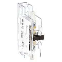 This auxiliary contact block provides one normally open (1NO) circuit rated for 5 A AC. Used with compatible contactors and relays to signal device status or enable interlocking in control systems.