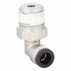 Nickel-plated brass elbow fitting with Push-to-Connect x MNPTF connections for 3/8 in OD tubing and 1/2 in pipe size. Silver finish. Used in pneumatic and fluid systems for tool-free installation.