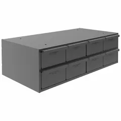 Stackable steel drawer cabinet with eight gray powder-coated steel drawers. Each drawer measures 5-15/32 in x 11-1/4 in x 3-3/16 in inside and includes dividers for organizing small parts. Suitable for workshop, maintenance, and assembly area storage.
