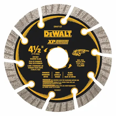 DEWALT Diamond Saw Blade: Masonry, 4 1/2 in Blade Dia., 5/8 in Arbor Size, Wet/Dry - Concrete & Asphalt-Cutting Blades