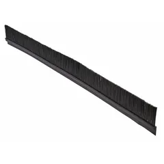 This general-purpose nylon strip brush features black straight-wire bristles with a 0.008 in diameter and a flexible direct-mount backing. With a 5/16 in backing width and 6 ft overall length, it is suited for sealing, sweeping, or wiping applications where a flexible barrier is needed, such as on conveyor edges, door sweeps, or machine guards.