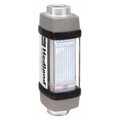 This inline variable area flowmeter measures flow rate of air and compressed gases with +/-2% accuracy. It features a scale display, Viton O-ring seals, and universal mounting orientation. The unit measures flow in liters and does not include a pressure gauge or flow adjustment knob.