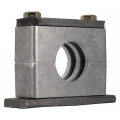 Steel clamp with aluminum cushion for securing a single line. The ribbed bore provides grip and dampens vibration in fluid and pneumatic systems.