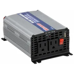 This inverter converts 12V DC battery power to 115V AC modified sine wave output, delivering 600 W continuous power. It features battery clamps for DC connection and two AC outlets. Suitable for powering tools, electronics, and appliances in vehicles, job sites, or remote locations without grid power.