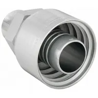 Steel straight fitting with male NPTF thread (1"-11-1/2) on one end and crimp connection for -20 dash size hose. Male x genderless design. Used in hydraulic systems to connect hose to NPTF threaded ports