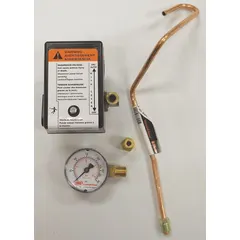 This pressure switch assembly is a replacement part for compressed air treatment systems. It includes a 5 hp pressure switch, a 0-300 PSI pressure gauge, a check valve tube assembly, and a male connector. Used to monitor and control air pressure in pneumatic equipment.