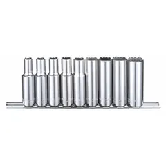 This 9-piece socket set includes 12-point deep SAE sockets in sizes from 1/4 in to 5/8 in with a 3/8 in drive. Designed for tightening and loosening hex fasteners in automotive, machinery, and general assembly tasks. Tether-ready for safety during elevated work.