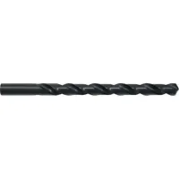 General purpose high-speed steel taper-length drill bit with a 118° point and black oxide finish. Suitable for drilling in metal, wood, and plastic. The taper-length design provides extended reach for deeper holes