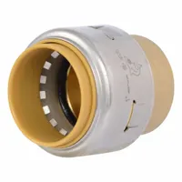 This brass push-to-connect cap seals the end of tubing in plumbing systems. It installs without tools on copper, CPVC, or PEX tubing, providing a leak-proof closure without soldering or clamping