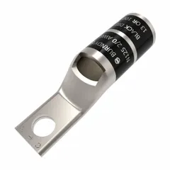 Copper compression lug for terminating 2/0 AWG stranded copper wire to a 3/8 in stud. One-hole mounting, standard type. Used in electrical power distribution, switchgear, and motor control connections.