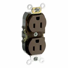 General-purpose duplex receptacle rated 125V AC, 15A with NEMA 5-15 configuration, 2-pole/3-wire grounding. Brown thermoplastic body. Suitable for standard power distribution in residential, commercial, and industrial environments.