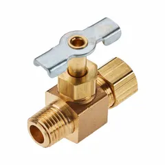 Brass inline needle valve with screw-in bonnet and metal tee handle. Connections: female compression (side 1) and male IPS (side 2). For water media. Manufactured to ISO 9001 standards. Suitable for precise flow regulation and shut-off in piping systems.