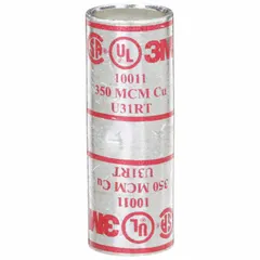 This 3M crimped butt splice compression connector is designed for joining 350 kcmil copper wire. It features a copper barrel, red color code, and 2.38-inch length. Requires U31RT die code for crimping. Suitable for industrial electrical installations, power distribution, and heavy equipment wiring.