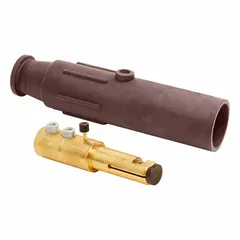 This male plug from the 17 Series features double set screw termination for secure high-current connections. Rated 600V AC/600V DC at 600 A, it is suitable for industrial power distribution and heavy-duty electrical applications. The brown housing provides visual identification.