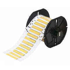 Precut sleeve label roll made of yellow matte polyolefin, measuring 3/16 in x 2 in. Designed for wire identification on 10 AWG to 20 AWG conductors. Compatible with the BBP33 printer series for on-demand printing in industrial electrical applications.