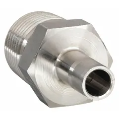 Stainless steel compression fitting adapter with double-ferrule design. Connects 1/2 in OD tubing to 3/8 in male NPT threaded ports. Suitable for hydraulic, pneumatic, and instrumentation systems requiring leak-tight connections.