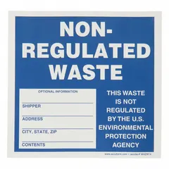 Vinyl label for marking non-regulated waste shipments. Measures 6 inches by 6 inches with a blue background and includes fields for shipper, address, city, state, zip, and contents. Supplied in a pack of 25 labels.