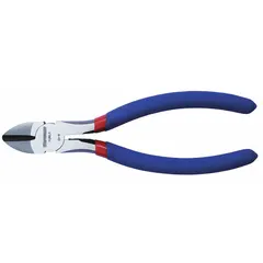 These diagonal-cutting pliers are designed for cutting wire, cable, and small fasteners. The straight, narrow jaw measures 7/8 in length and 3/8 in width, allowing access in confined spaces. Overall length is 6 in.