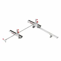Aluminum van roof rack with powder-coated white finish. Includes center cross-member for added support. Overall dimensions: 19 in height, 77 in length, 62 in width. Suitable for carrying ladders, pipes, lumber, and other long loads on commercial vans