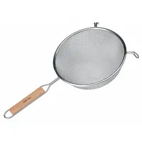 Tin wire mesh strainer with a single fine mesh for fine straining tasks such as sifting flour, straining sauces, or filtering stocks. Overall length of 12 1/4 in with a wood handle. Suitable for manual straining in foodservice environments