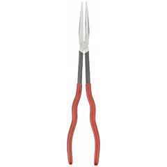 Long-reach needle-nose pliers with 11 5/8 in overall length, 2 7/8 in jaw length, and 3/8 in tip width. Max jaw opening of 1 7/8 in. Used for precision gripping and bending in confined spaces, such as electrical and mechanical tasks.