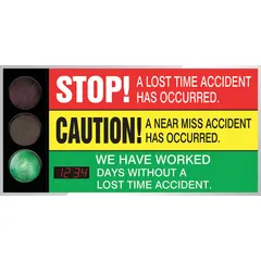 Electronic safety scoreboard with aluminum construction, 36 in x 72 in nominal size, and mounting holes for wall installation. Operates on 110/120V AC and is programmed via an on-unit control panel. Displays lost-time and near-miss accident counts to support safety awareness in industrial environments.