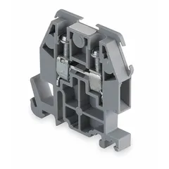 DIN rail mount pass-through block with screw clamp wire termination. Provides two wire terminals for connecting and distributing electrical wires in control panels and automation systems. Accepts minimum wire size 22 AWG.