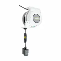 Motorized self-retracting cord reel with ratchet lock mechanism for secure cord positioning. Includes 25 ft of 12 AWG SJO cord. Feeder cord ends with NEMA 5-20P plug; retractable cord ends with NEMA 5-20R connector. Suitable for overhead cord management in workshops, assembly lines, and maintenance areas
