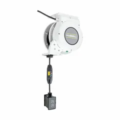 Motorized self-retracting cord reel with ratchet lock mechanism for secure cord positioning. Includes 25 ft of 12 AWG SJO cord. Feeder cord ends with NEMA 5-20P plug; retractable cord ends with NEMA 5-20R connector. Suitable for overhead cord management in workshops, assembly lines, and maintenance areas.