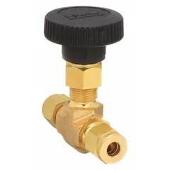 Brass straight-body inline needle valve with integral bonnet and regulating stem. Compression x compression connections for 1/4 in pipe. PTFE components for chemical media. Conforms to ISA S75.02. Suitable for precise flow control in industrial piping systems.