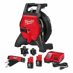 Pipe inspection camera reel for visual inspection of pipes with diameters from 1 1/2 in to 4 in. Features an 85 ft cable and USB interface. Operates on the M12 battery platform; battery and charger not included. Used to locate blockages, cracks, or debris in plumbing and drain systems.