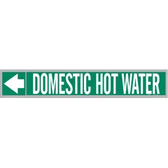 Green adhesive pipe markers with white legend reading 'Domestic Hot Water' and directional arrows. Each marker fits pipe outer diameters of 1-1/2 to 2 inches. Pack of 25. Used to identify domestic hot water lines in piping systems for facility maintenance and safety.
